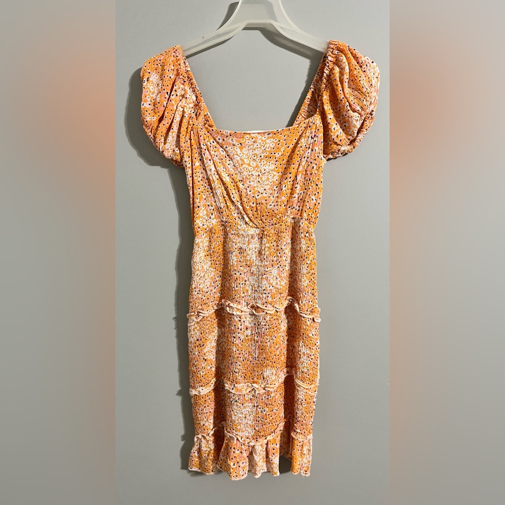 Orange Floral Puff-Sleeve Midi Dress